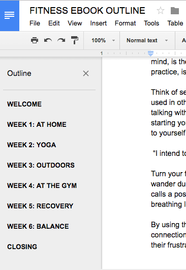 image of Rachel's ebook outline in Google Docs