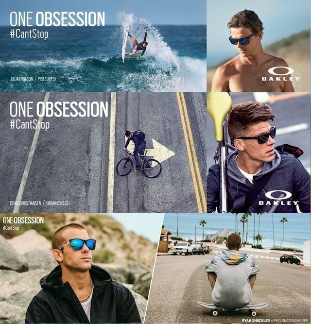 3 banner design examples from Oakley's One Obsession campaign exemplifying associating a certain lifestyle with your banner ads
