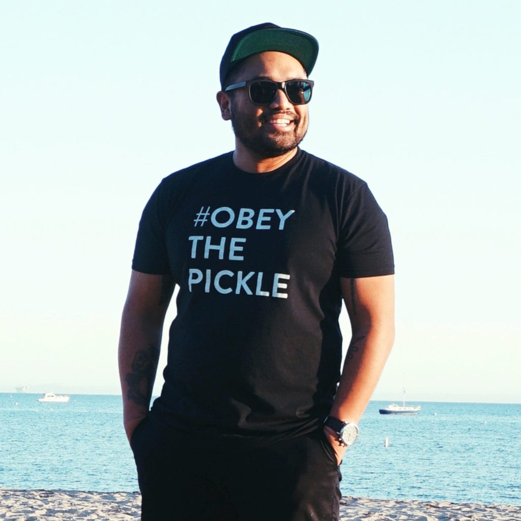 image of Alex wearing a Design Pickle #obeythepickle shirt