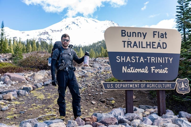 image of Russ Perry, properly prepared for his hike at the bottom of Mt. Shasta