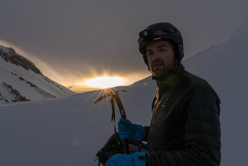 image of Russ Perry and his gear halfway up Mt. Shasta